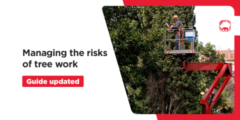 image of worker tree trimming using elevated equipment and title managing the risks of tree work guide available
